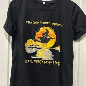 Black Graphic Tee with Witch and Moon Design